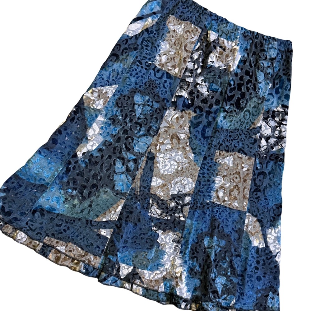 Leopard burnout velvet Patchwork Midi Skirt Womens Medium Blue Gold Good Elastic
